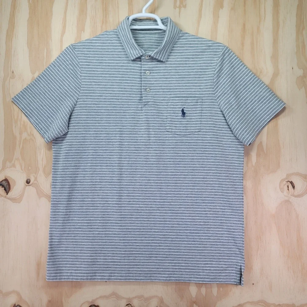Polo Ralph Lauren Performance Polo Shirt Mens Large Gray Striped Pocket